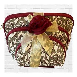 Enchante’ Accessories Inc 3 Piece Cosmetic Bag Set Maroon Gold Tan Scroll Design
